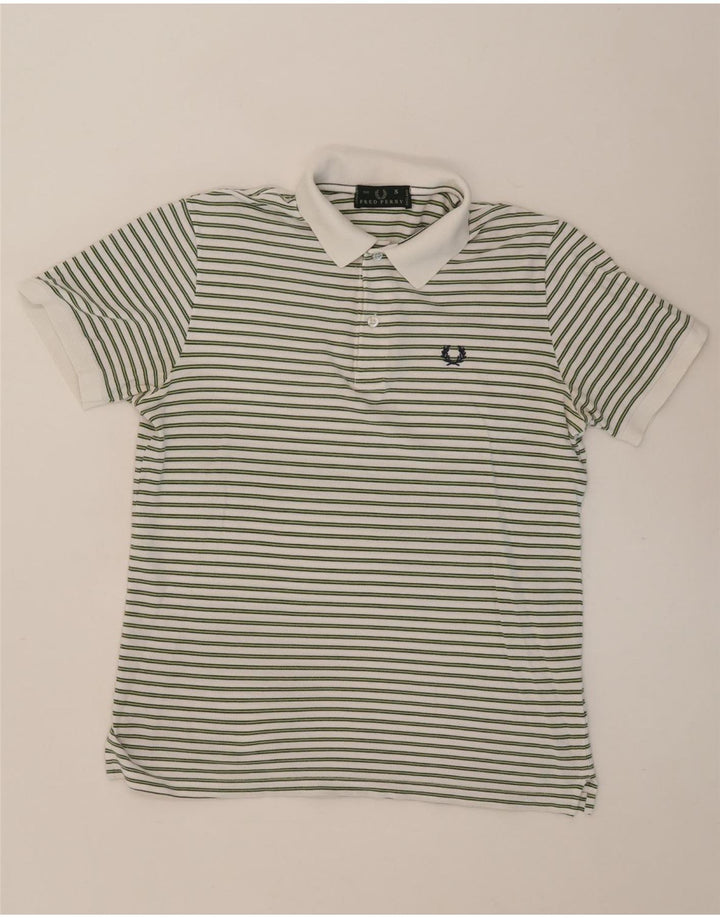 Camisa pólo masculina FRED PERRY pequena listrada branca de algodão
