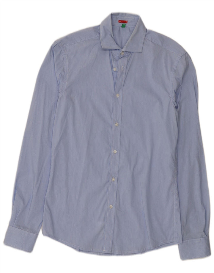 Camisa masculina Slim Benetton pequena listrada azul de algodão