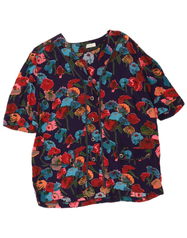 Blusa feminina vintage de manga curta UK 16 grande azul marinho floral
