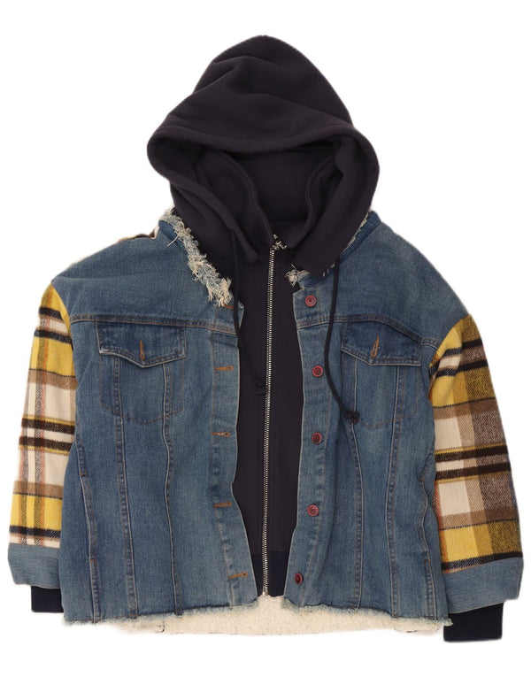 Jaqueta Sherpa masculina vintage com capuz Reino Unido 42 XL algodão xadrez azul