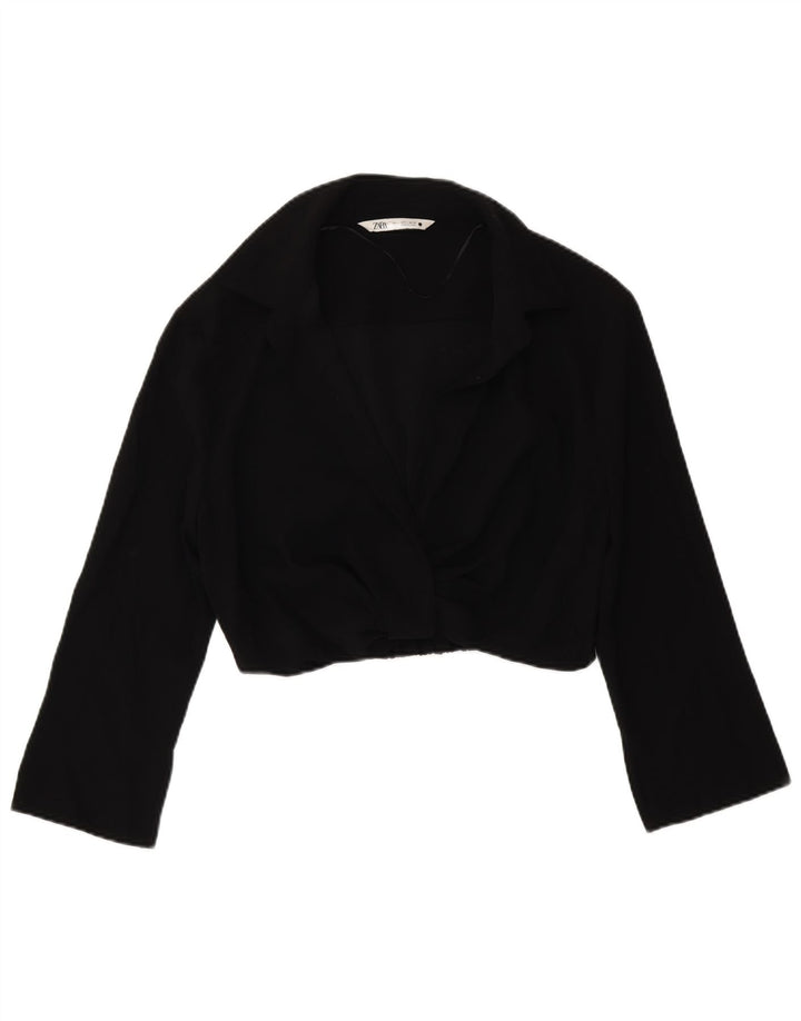 Zara Blusa Feminina Crop Manga 3/4 Top Reino Unido 14 Grande Poliéster Preto