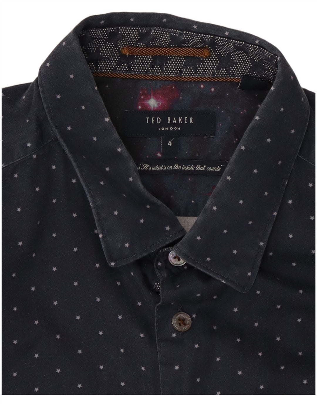 Camisa masculina Ted Baker com padrão abstrato tamanho 4 grande algodão azul marinho
