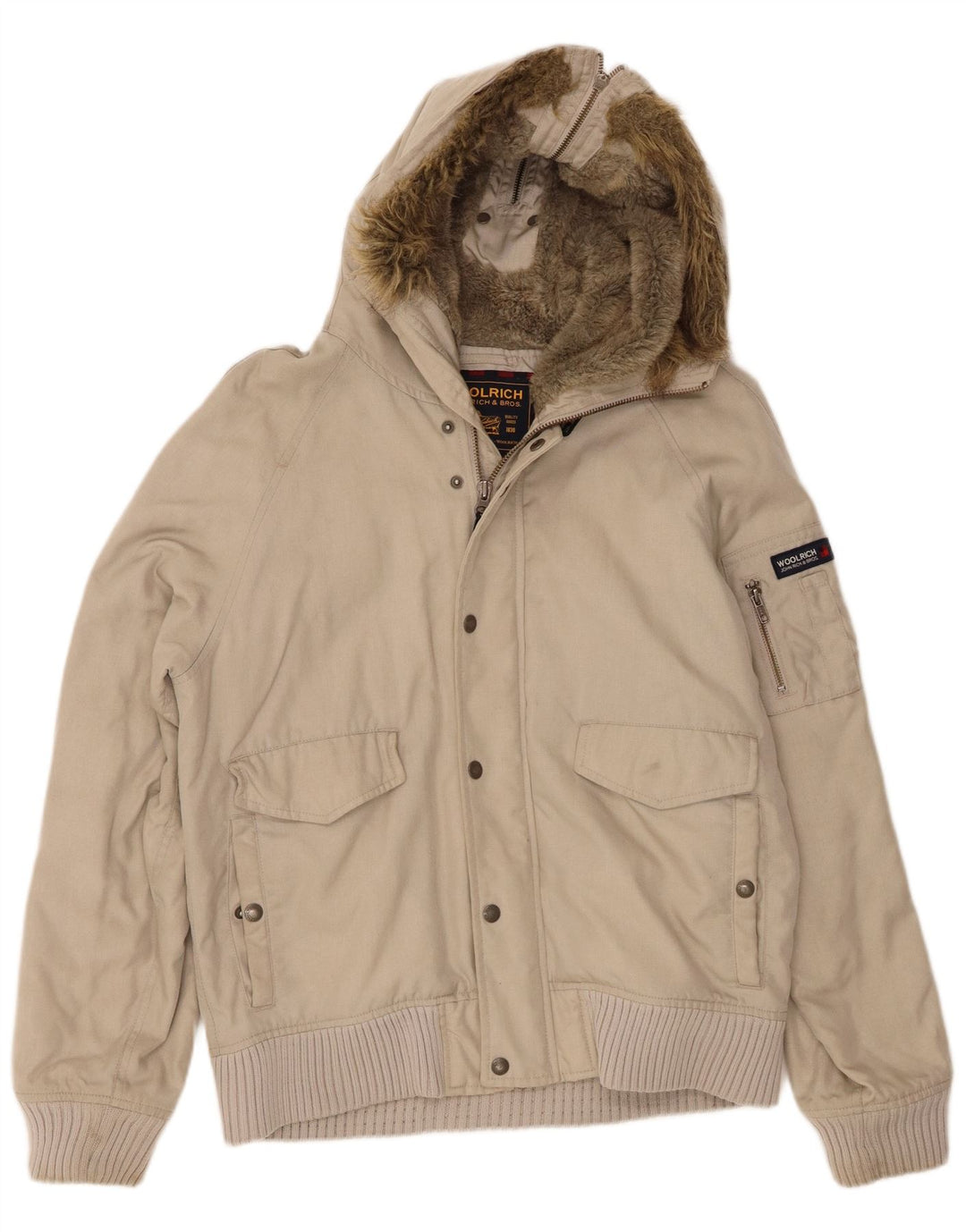 Jaqueta bomber masculina Woolrich com capuz Reino Unido 38 nylon bege médio