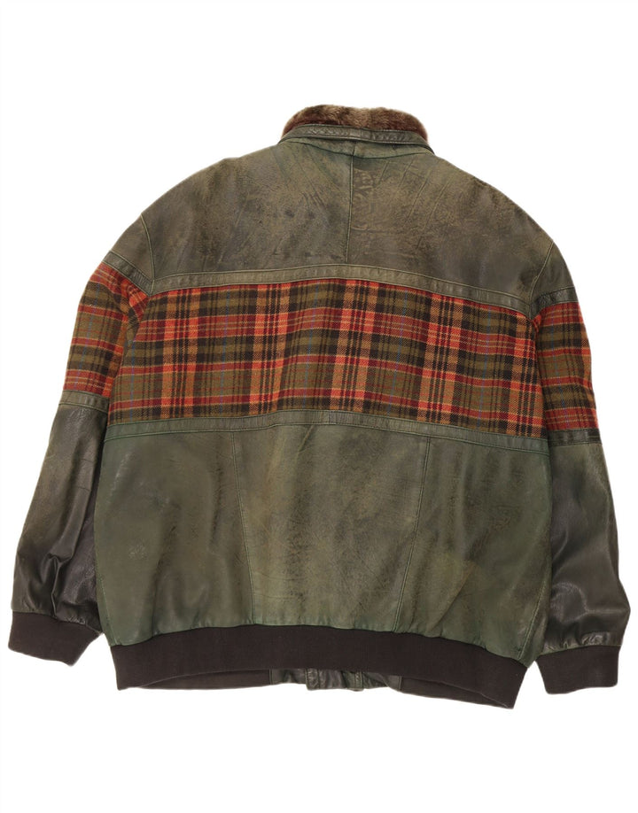 Jaqueta de couro masculina vintage Reino Unido 46 3XL couro xadrez verde