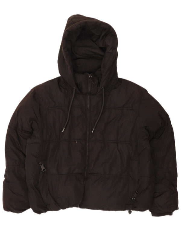 Jaqueta acolchoada com capuz grande Zara para mulher UK 14 poliéster preto médio