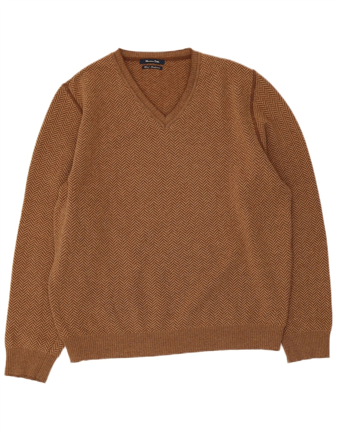 Suéter masculino Massimo Dutti com decote em V grande lã espinha de peixe marrom