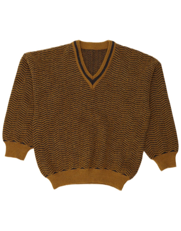 Suéter masculino vintage solto com decote em V pequeno chevron marrom