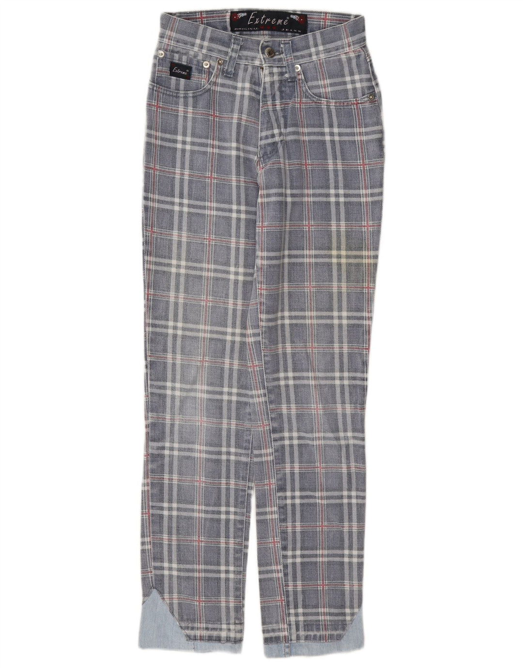 Jeans cônicos femininos Extreme W26 L29 algodão xadrez azul