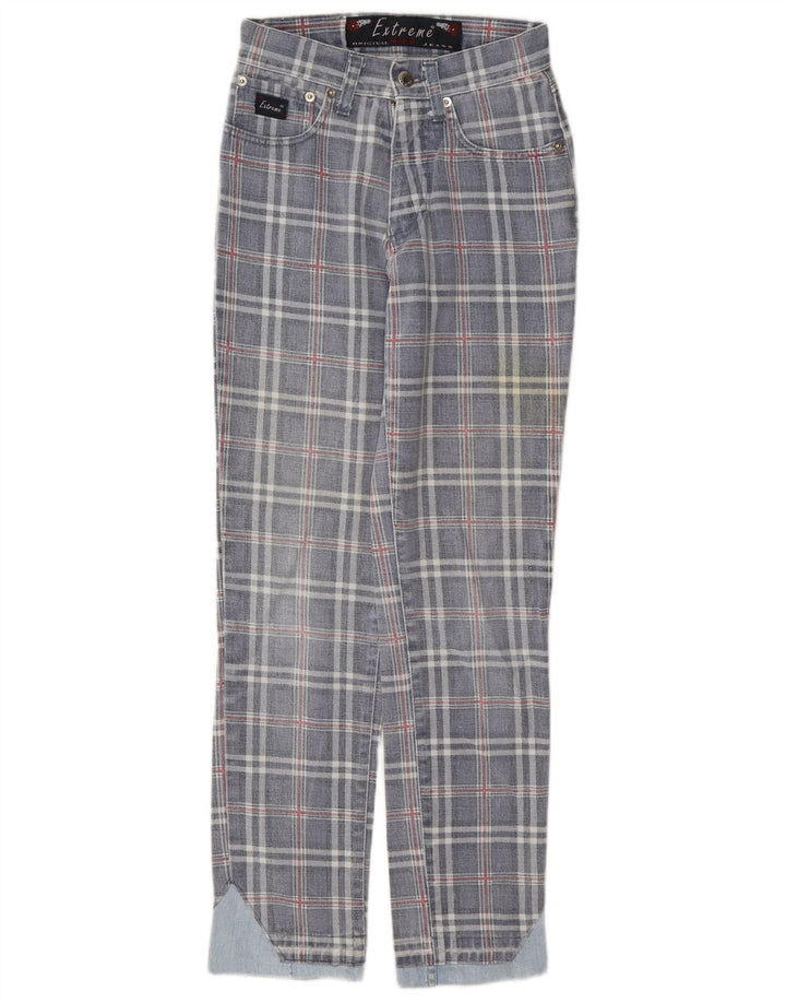 Jeans cônicos femininos Extreme W26 L29 algodão xadrez azul