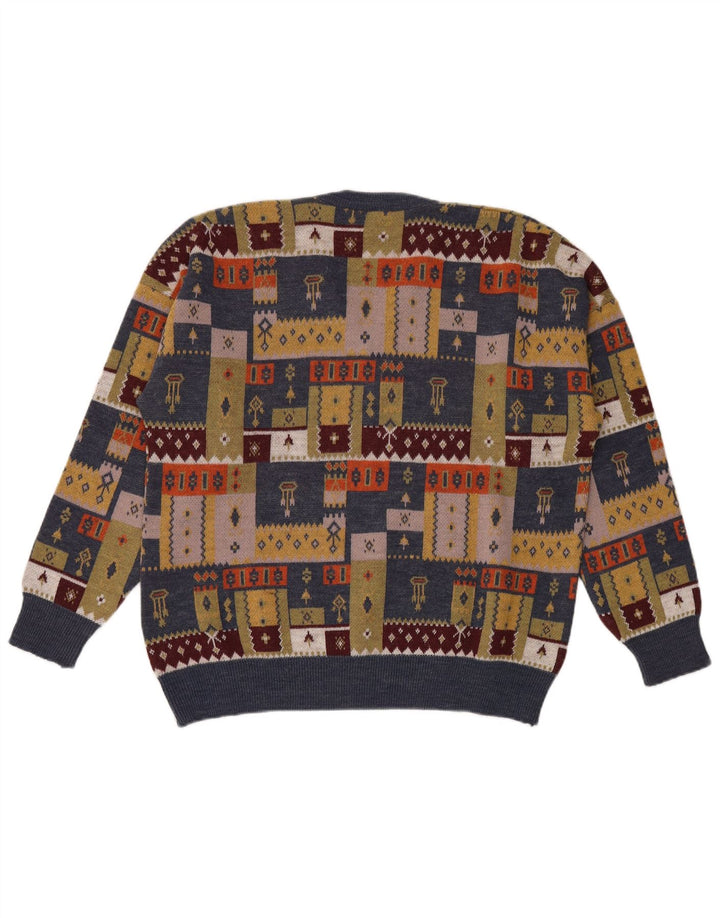 Suéter masculino vintage com decote em V grande patchwork multicolorido