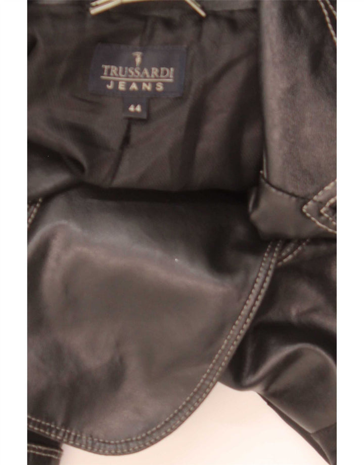 Trussardi Jeans Jaqueta blazer feminina de couro com 2 botões Reino Unido 44 médio preto