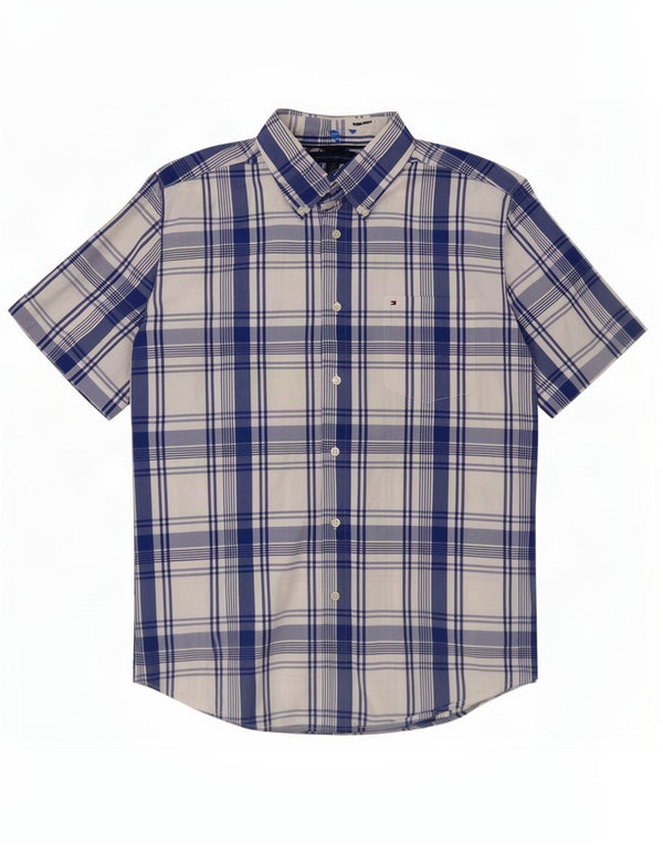 Camisa masculina de manga curta Tommy Hilfiger algodão xadrez azul médio