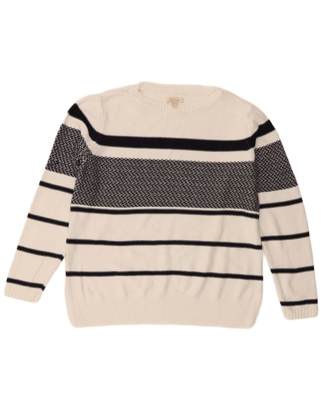 Suéter feminino Barbour com gola canoa grande e listrado branco pequeno Reino Unido 10