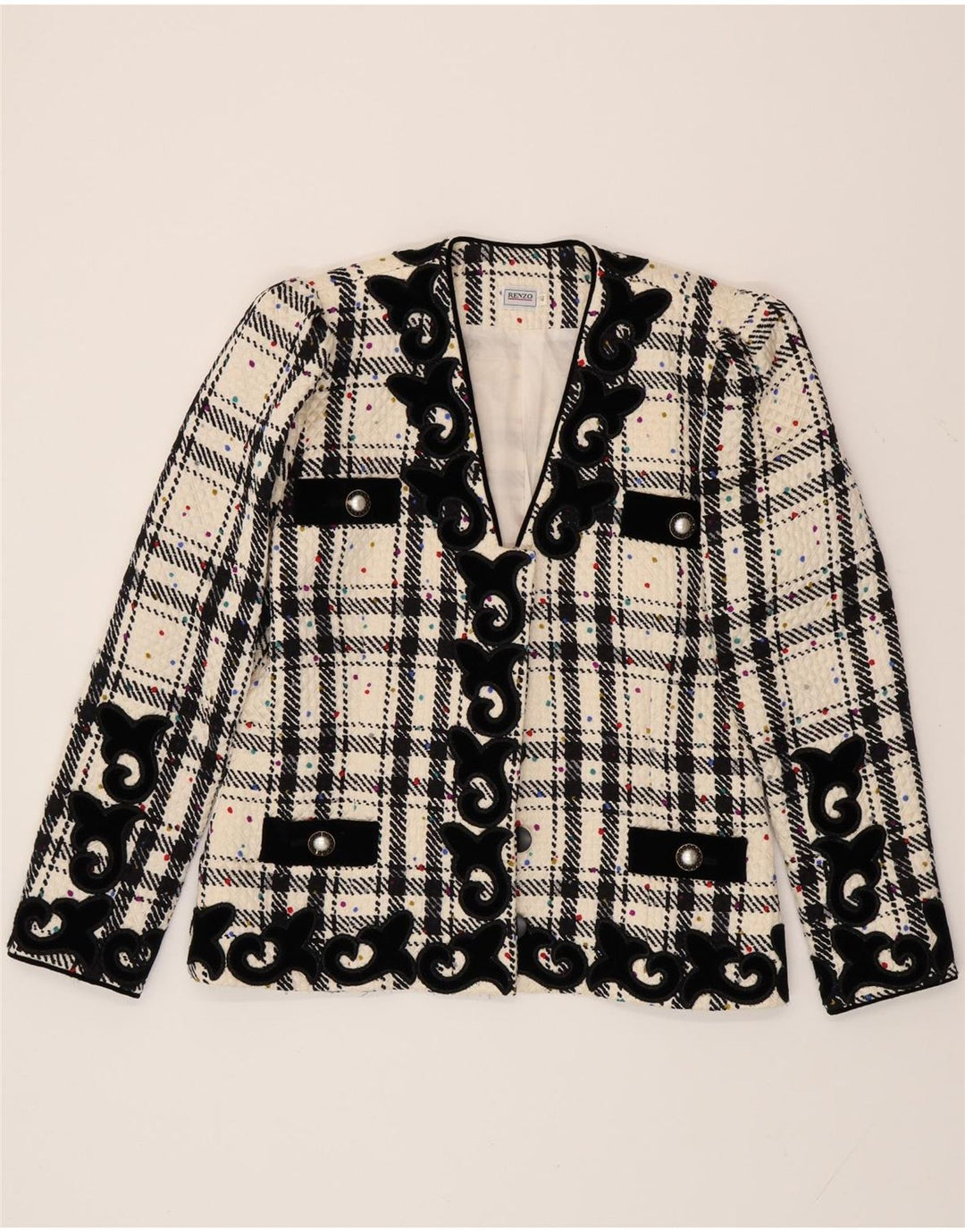 RENZO Jaqueta blazer feminina superdimensionada IT 40 pequena xadrez branca