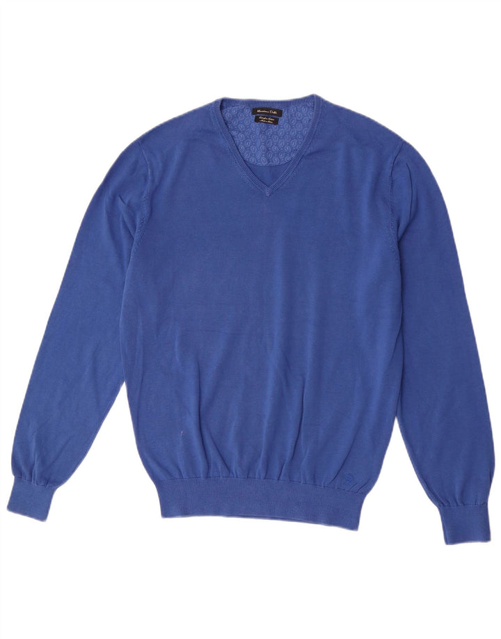 Suéter masculino Massimo Dutti com decote em V de algodão azul médio