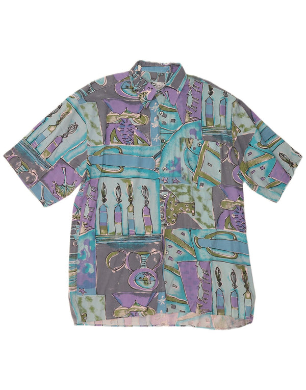 Vintage Mens Abstract Pattern Short Sleeve Shirt XL Turquoise
