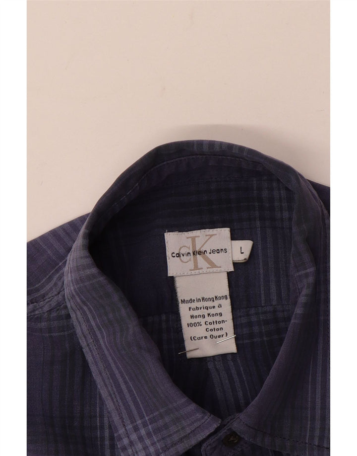 Calvin Klein Jeans Camisa masculina de manga curta grande algodão xadrez azul