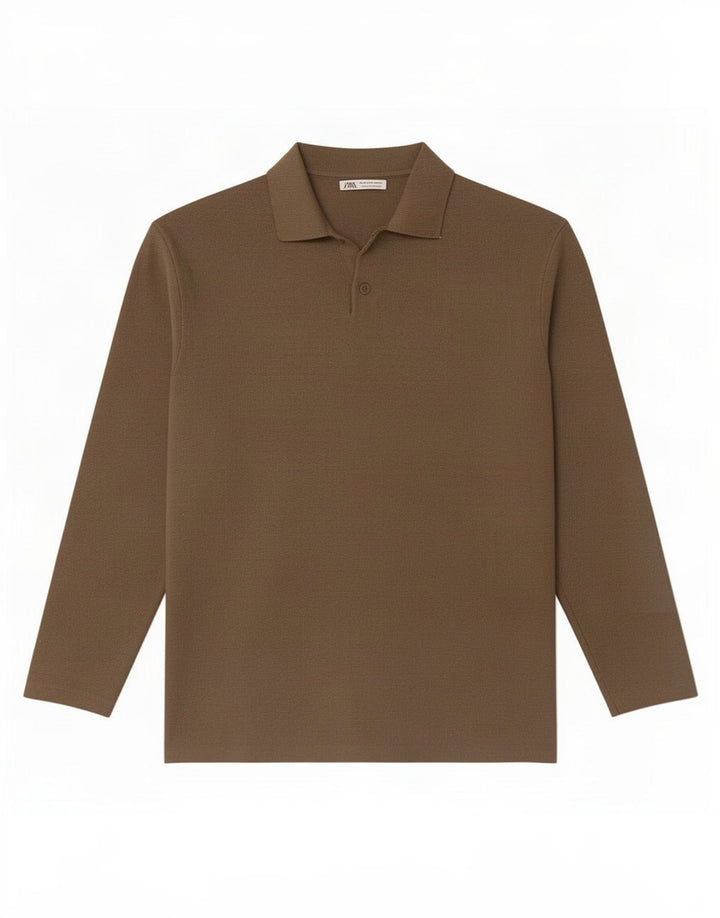 Zara Camisa polo masculina de manga comprida média marrom viscose