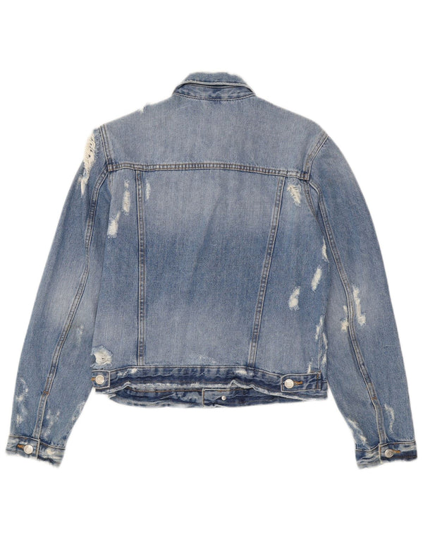 Jaqueta jeans feminina Zara Crop Distressed Reino Unido 12 algodão azul médio