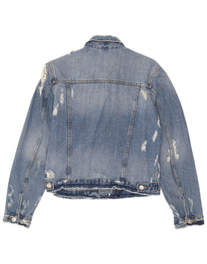 Jaqueta jeans feminina Zara Crop Distressed Reino Unido 12 algodão azul médio