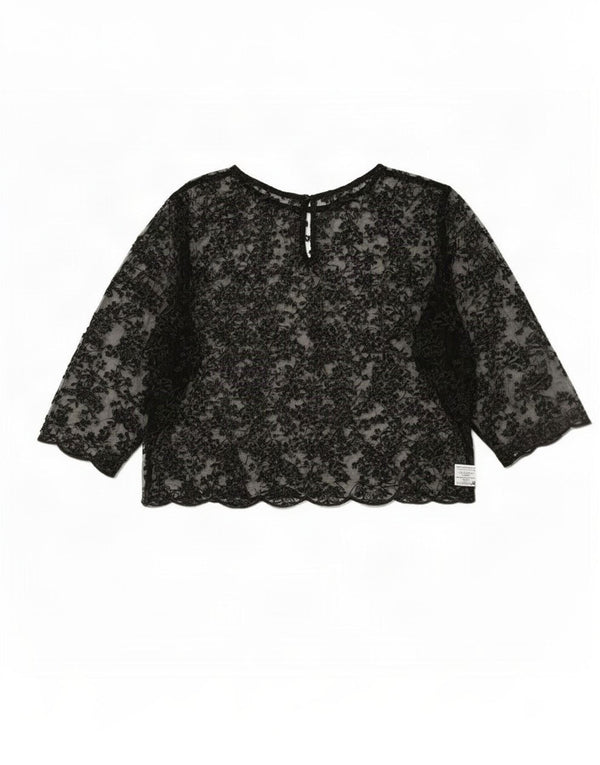Zara Top feminino manga 3/4 transparente Reino Unido 16 grande preto floral