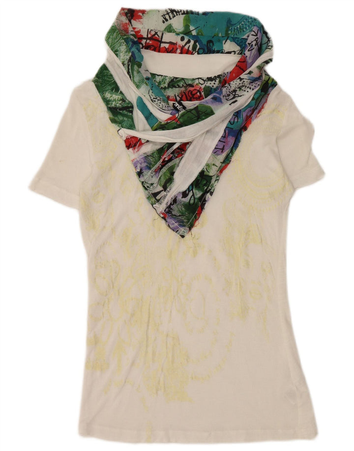 Blusa feminina Desigual Gola Redonda Top UK 10 Pequena Viscose Branca