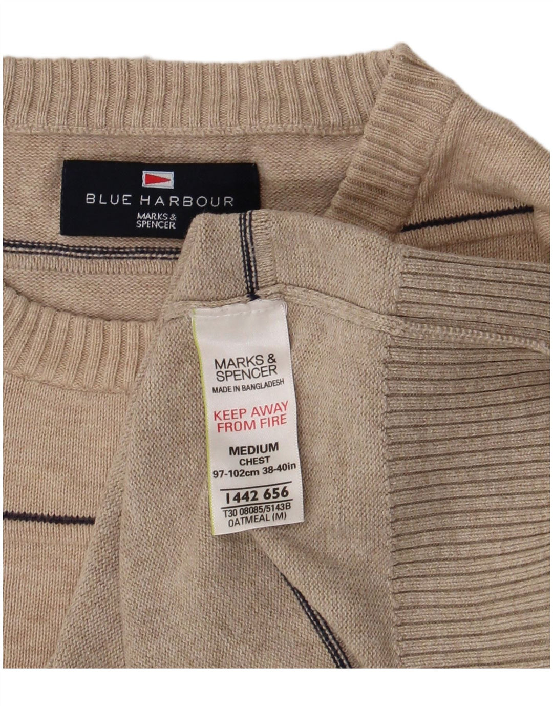Suéter masculino Marks & Spencer Blue Harbor com gola redonda, médio bege