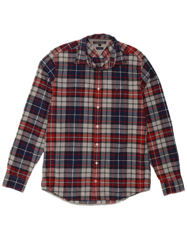 Tommy Hilfiger Camisa masculina New York Fit de algodão xadrez azul médio
