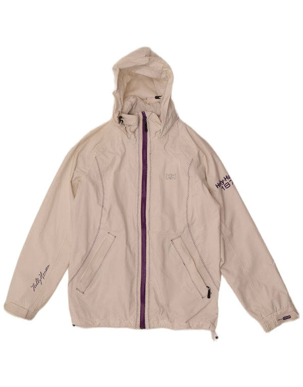 Jaqueta de chuva feminina Helly Hansen com capuz gráfico Reino Unido 10 pequena poliamida branca