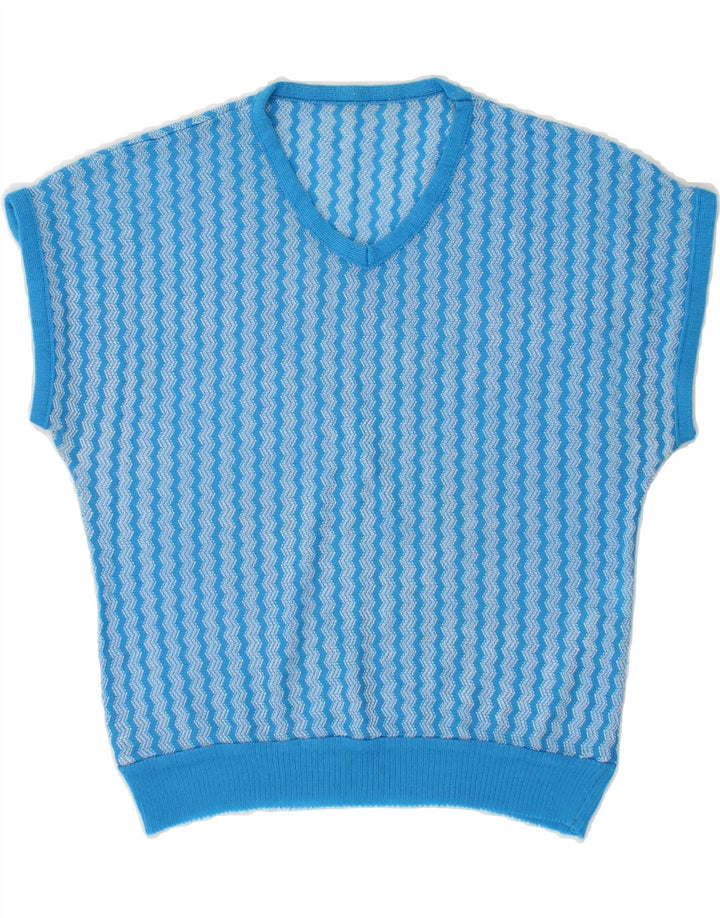 VINTAGE Womens Short Sleeve V-Neck Jumper Sweater IT 44 Medium Blue Vintage Vintage and Second-Hand Vintage from Messina Hembry 