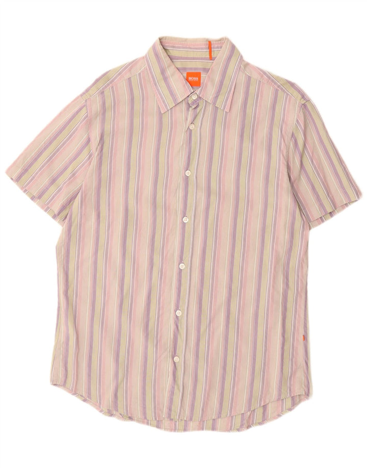 Camisa masculina de manga curta Hugo Boss grande algodão listrado multicolorido