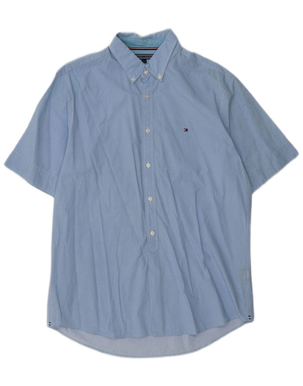 Tommy Hilfiger Camisa masculina de manga curta New York Fit grande azul manchada