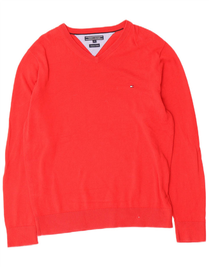 Suéter masculino Tommy Hilfiger com decote em V de algodão vermelho médio