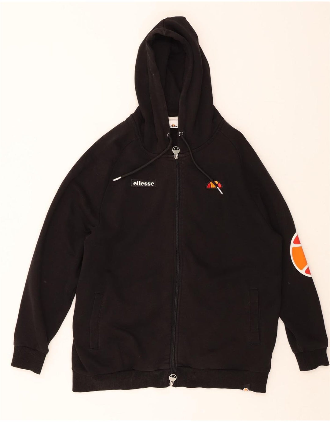 ELLESSE Mens Loose Fit Graphic Zip Hoodie Sweater XS Black Cotton Vintage Ellesse and Second-Hand Ellesse from Messina Hembry 