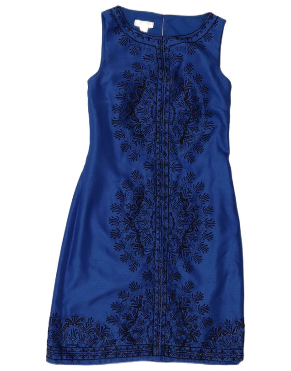 Vestido feminino monsoon sem mangas com bainha UK 8 pequeno azul paisley poliéster