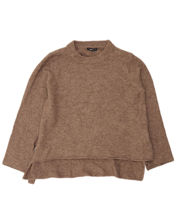 Suéter feminino Zara com ajuste relaxado e gola redonda Reino Unido 10 pequeno acrílico marrom
