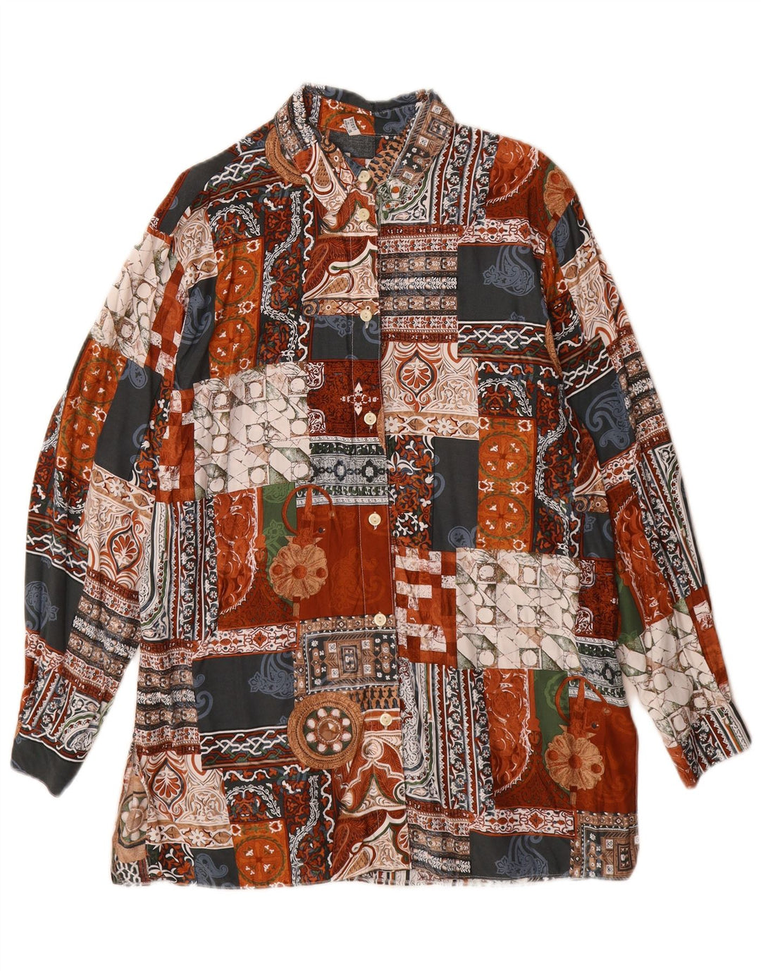 Camisa feminina vintage longline UK 14 grande patchwork multicolorido viscose