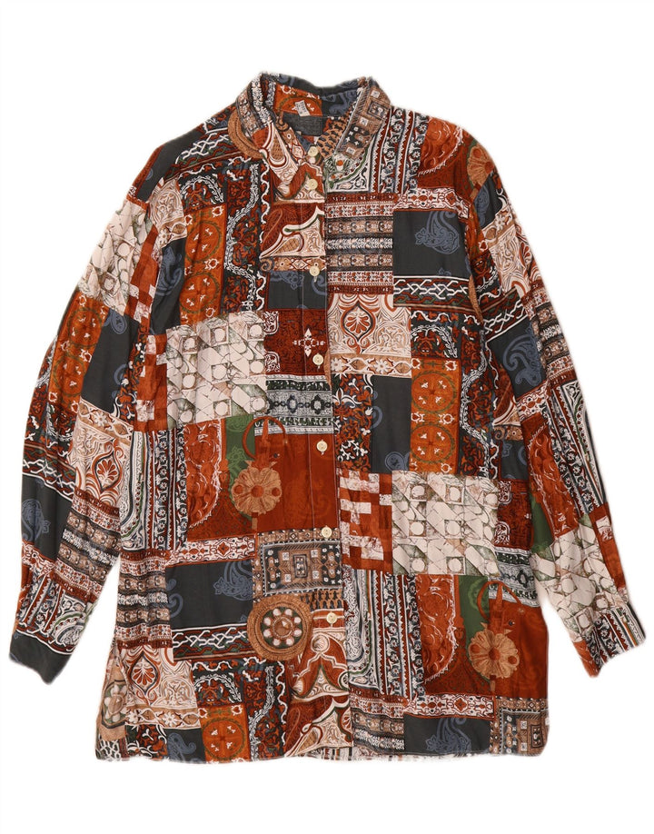 Camisa feminina vintage longline UK 14 grande patchwork multicolorido viscose