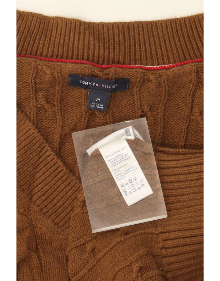 Suéter feminino TOMMY HILFIGER com decote em V Reino Unido 12 algodão marrom médio
