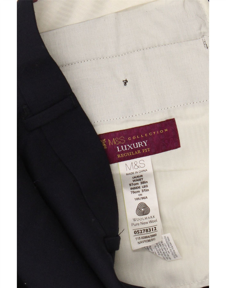 Calça masculina de ajuste regular Marks & Spencer W38 L31 lã azul marinho