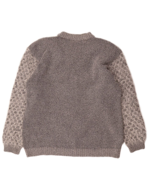 Suéter feminino vintage com gola redonda UK 20 2XL cinza colorblock acrílico