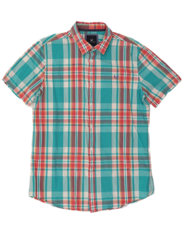 Crew Clothing Camisa masculina de manga curta grande algodão xadrez azul