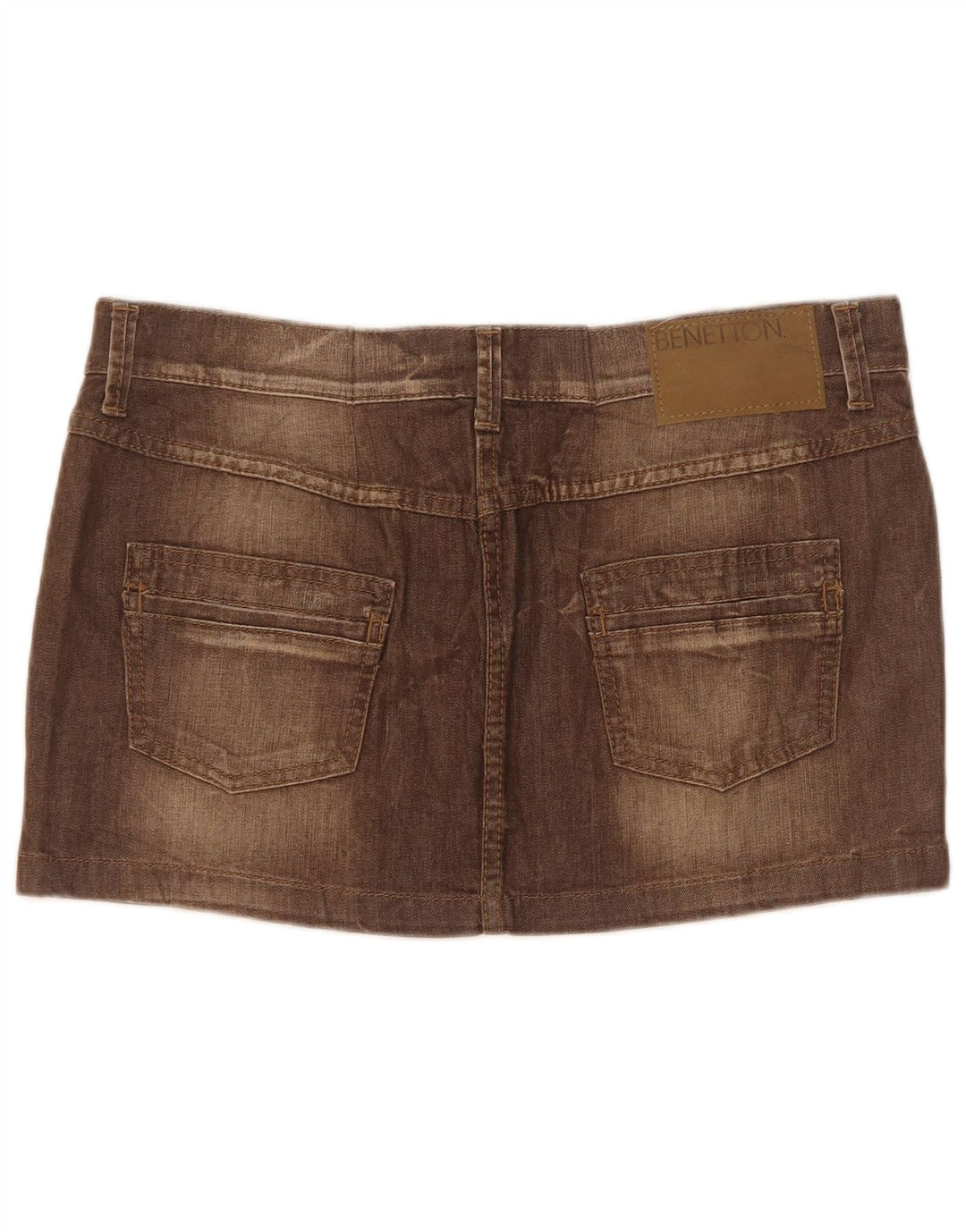 Mini saia jeans feminina de cintura baixa Benetton W31 marrom médio