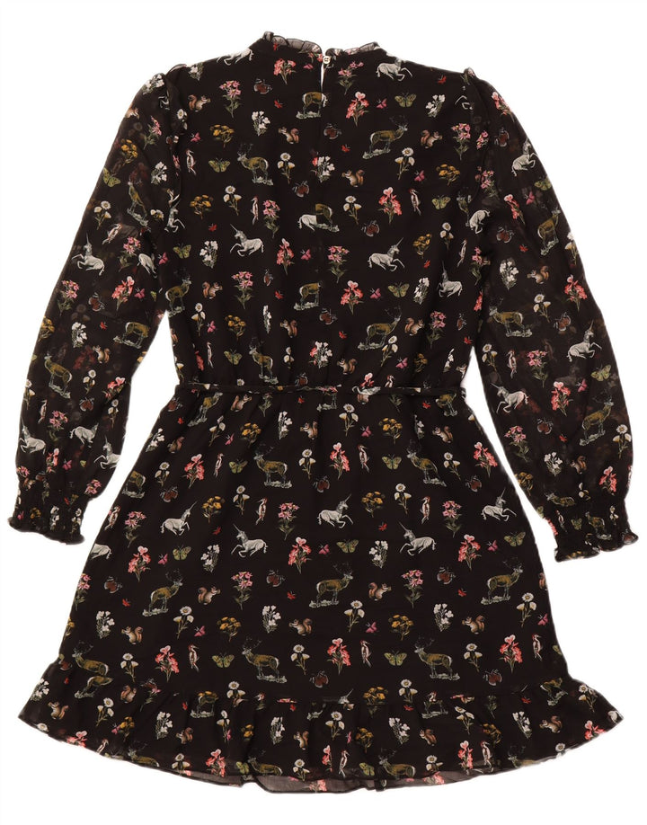 Vestido feminino OASIS de manga comprida evasê UK 12 poliéster floral preto médio