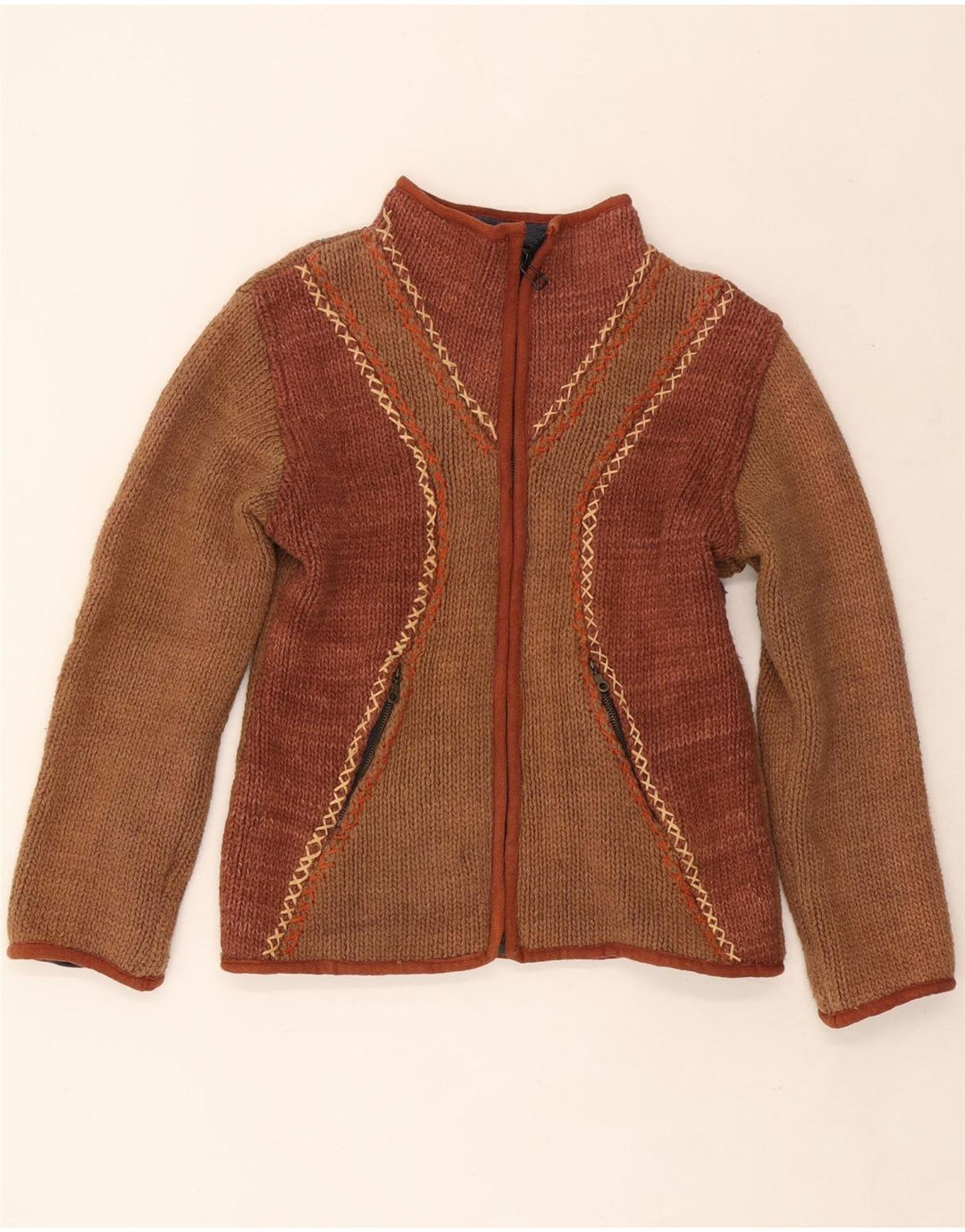 Suéter cardigã feminino vintage Reino Unido 12 bloco colorido marrom médio