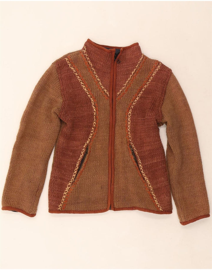 Suéter cardigã feminino vintage Reino Unido 12 bloco colorido marrom médio