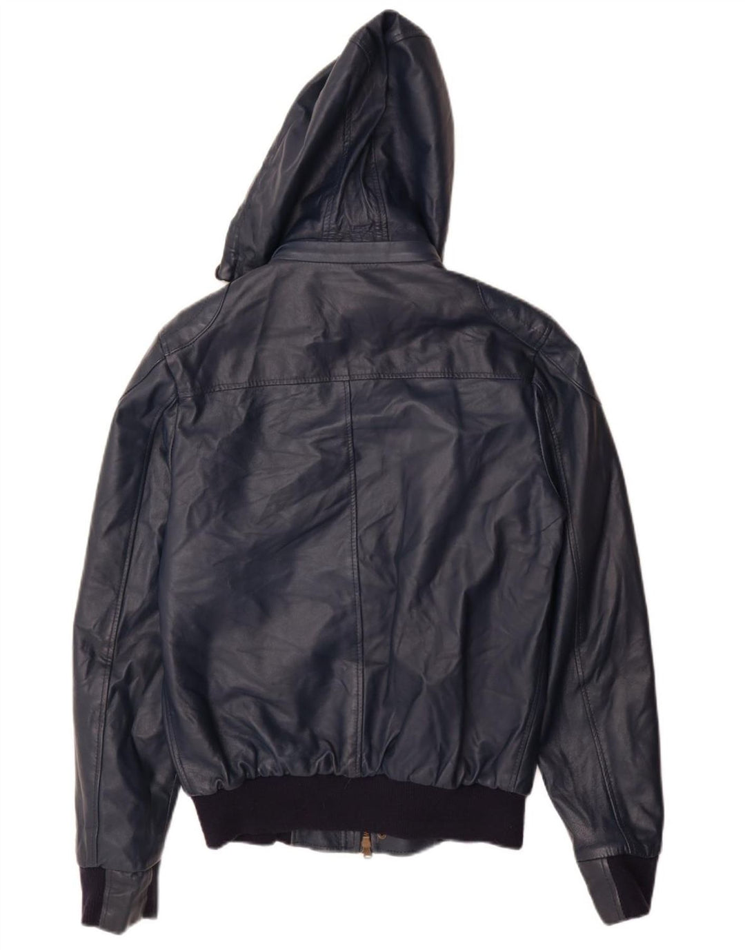 Jaqueta feminina de couro com capuz VINTAGE Reino Unido 14 grande couro azul marinho