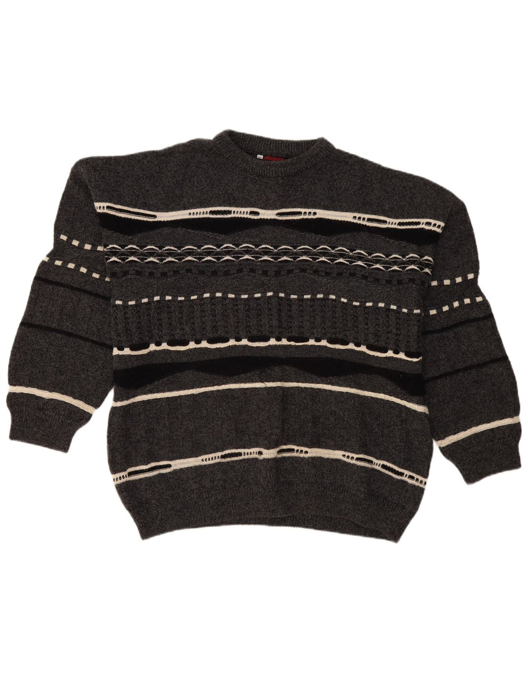 Suéter vintage masculino com gola redonda 2XL lã listrada cinza