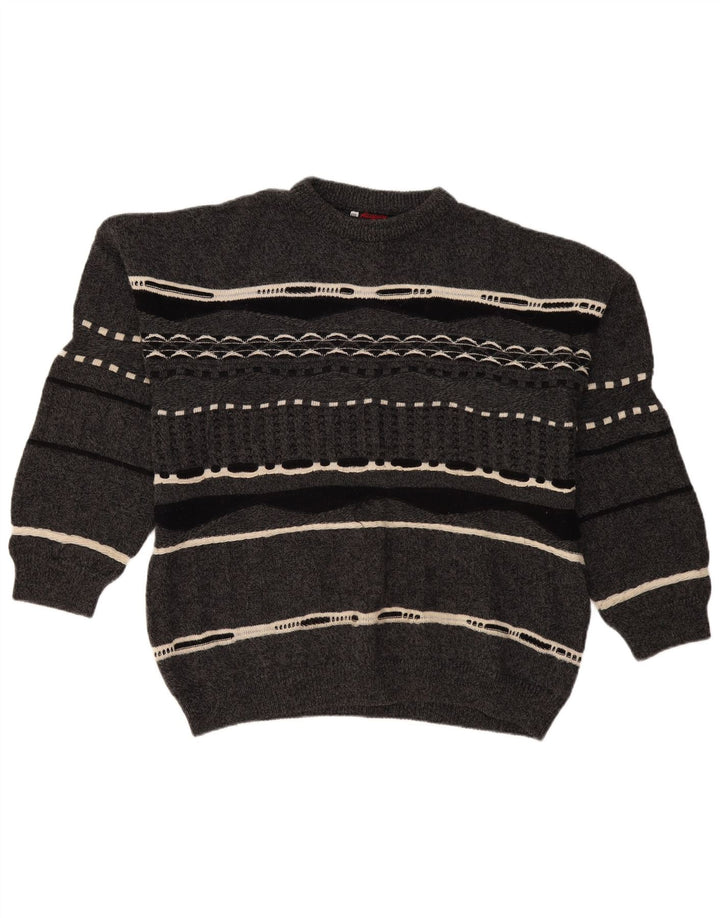 Suéter vintage masculino com gola redonda 2XL lã listrada cinza