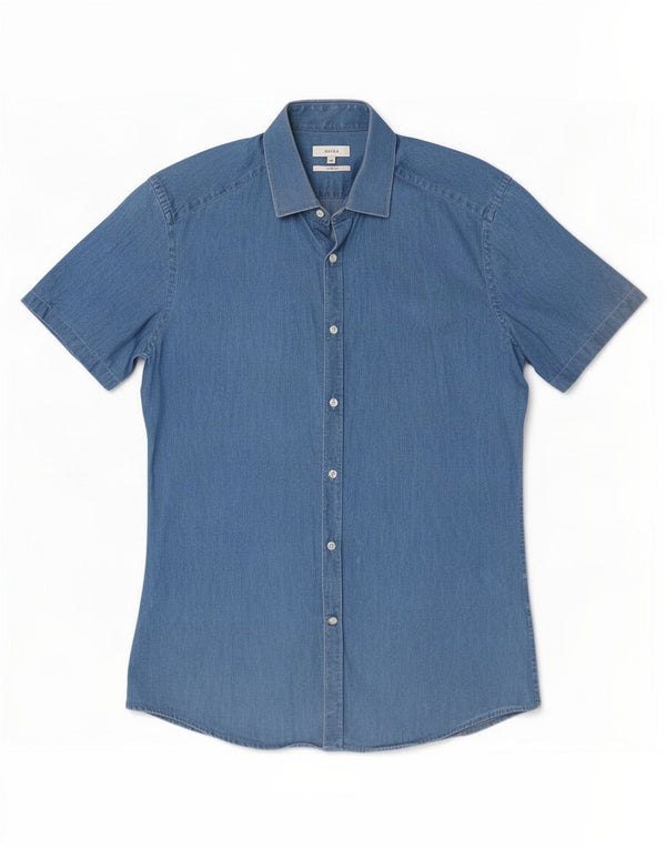 Reiss Mens Short Sleeve Slim Fit Denim Shirt Medium Blue Cotton